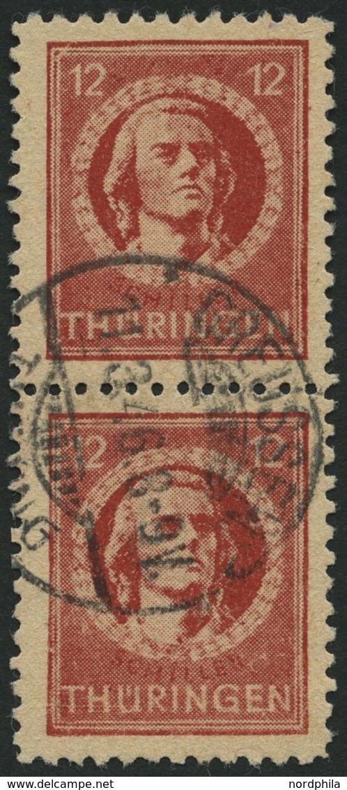 THÜRINGEN 97AYby Paar O, 1945, 12 Pf. Dunkelbräunlichrot, Spargummierung, Gelblichgraues Papier, Im Senkrechten Paar, Pr - Autres & Non Classés