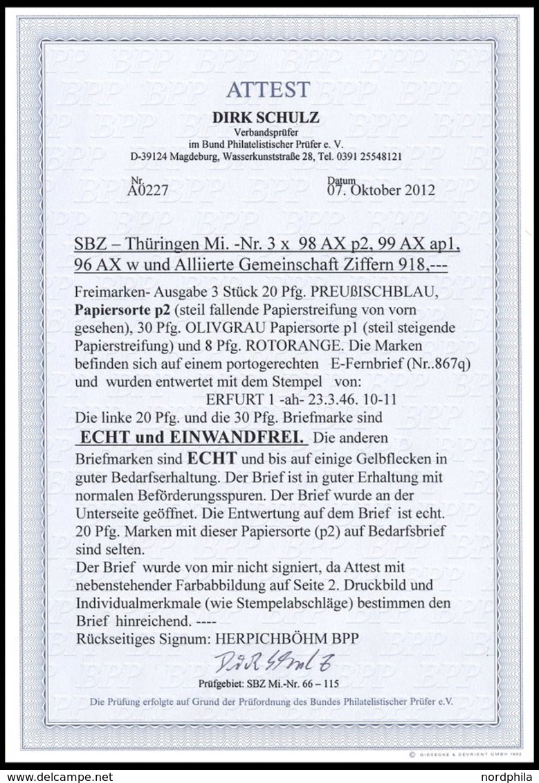 THÜRINGEN 98AXp2 BRIEF, 1945, 20 Pf. Preußischblau, Gezähnt, Vollgummierung, Dickes Papier, Fallende Papierstreifung, 3x - Other & Unclassified