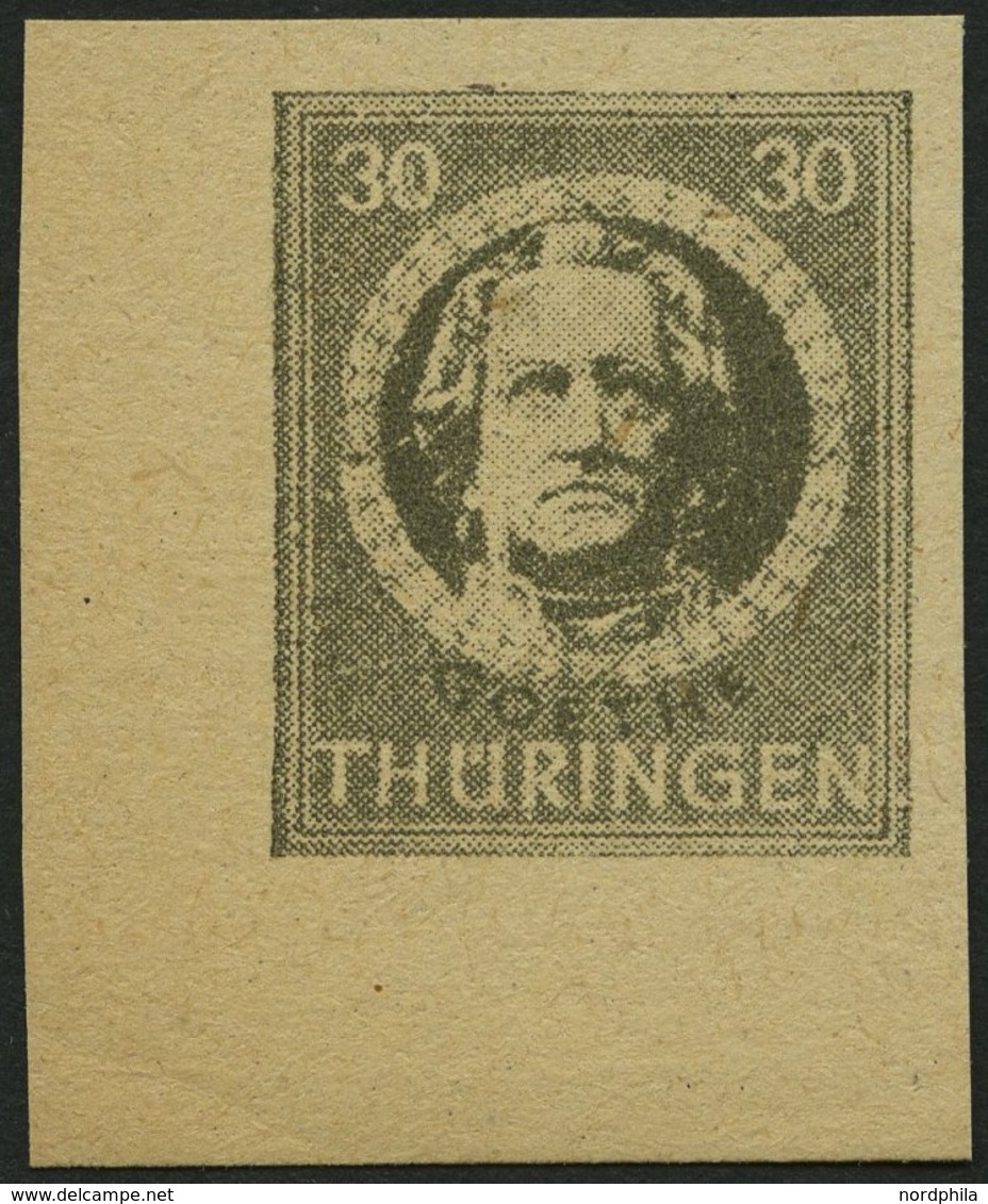 THÜRINGEN 99BXaw **, 1945, 30 Pf. Olivgrau, Ungezähnt, Vollgummierung, Dickes Papier, Untere Linke Bogenecke, Pracht, At - Autres & Non Classés