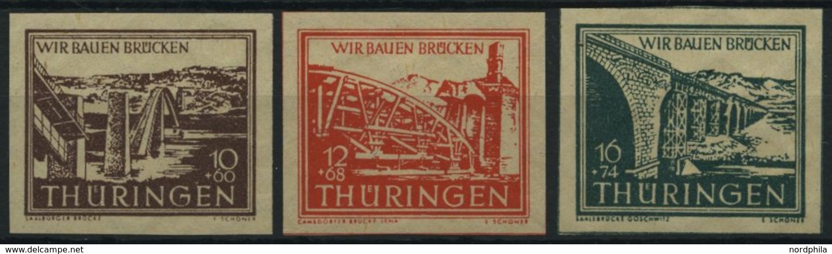 THÜRINGEN 112-14yy **, 1946, 10 - 16 Pf. Wiederaufbau, Dünnes Papier, 3 Prachtwerte, Mi. 180.- - Autres & Non Classés