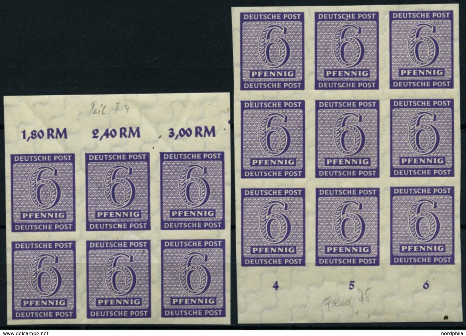 WEST-SACHSEN 117X I,II **, 1945, 6 Pf. Grauviolett, Wz 1X, Beide Abarten, Je Im Sechser- Bzw. Neunerblock Vom Rand, Prac - Autres & Non Classés