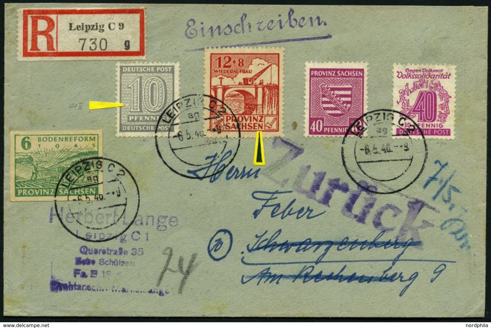 WEST-SACHSEN 131II BRIEF, 1945, 10 Pf. Grau Mit Abart Weißer Fleck Links Vor 10 Auf Portogerechtem Einschreibbrief Aus L - Autres & Non Classés