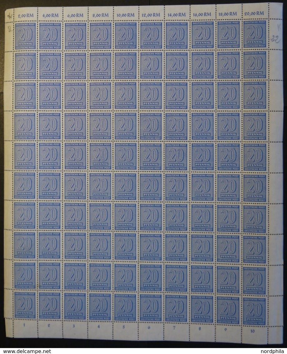 WEST-SACHSEN 134Xw **, 1945, 20 Pf. Blau, Wz. 1X, Im Bogen (100), Dabei Abart 134II (Feld 79), Pracht - Sonstige & Ohne Zuordnung