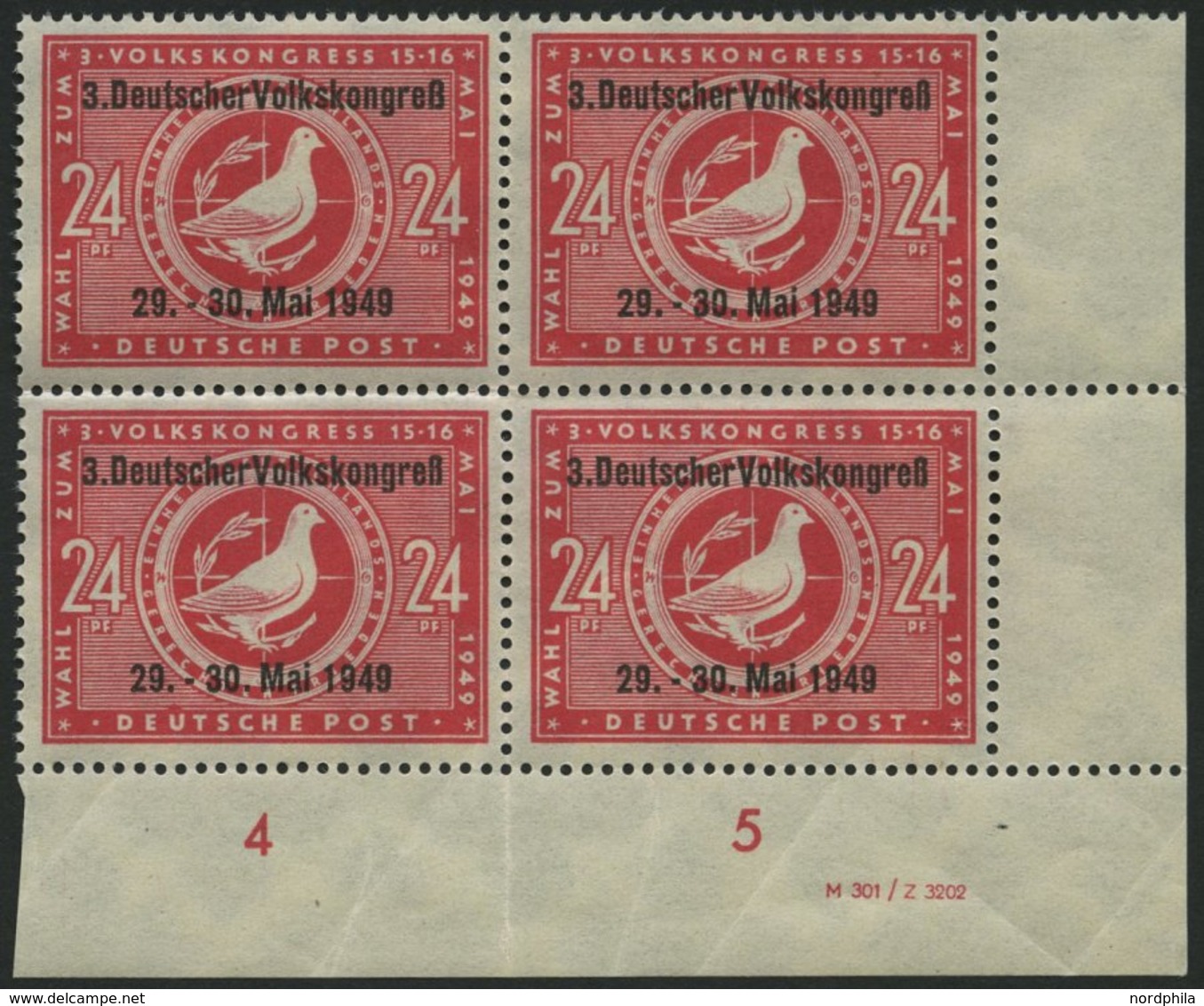 ALLGEMEINE-AUSGABEN 233IIDV3 **, 1949, 24 Pf. 3. Volkskongreß, Aufdruck-Type II, Mit Druckereivermerk M 301/Z 3202 Im Vi - Altri & Non Classificati