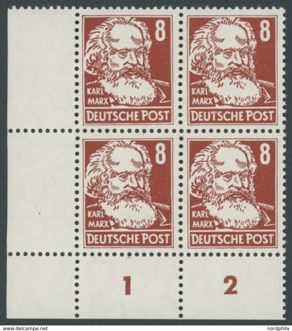 DDR 329vaYI VB **, 1953, 8 Pf. Braunorange Marx, Wz. 2YI, Im Linken Unteren Eckrandviererblock, Postfrisch, Pracht, Mi.  - Gebraucht