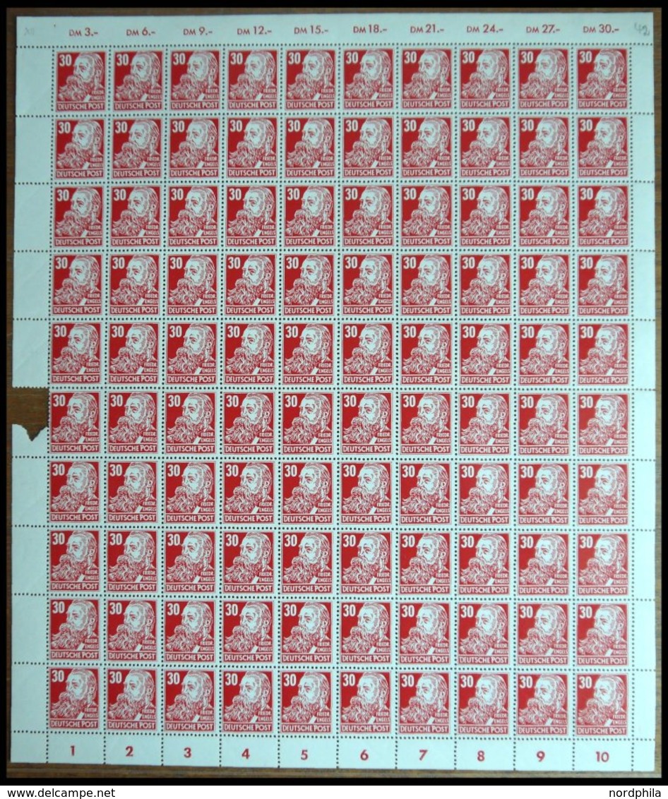 DDR 335vaXII **, 1953, 30 Pf. Rot Engels, Gestrichenes Papier, Wz. 2XII, Im Bogen (100), Mittig Etwas Angetrennt, Pracht - Usati