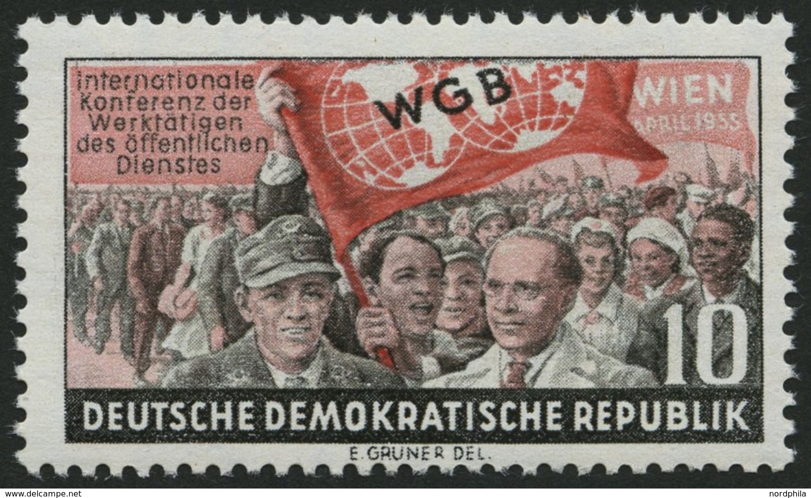 DDR 452I **, 1955, 10 Pf. Weltgewerkschaftsbund Mit Abart Weißer Fleck An Der Rechten Kragenspitze, Pracht, Mi. 120.- - Usados