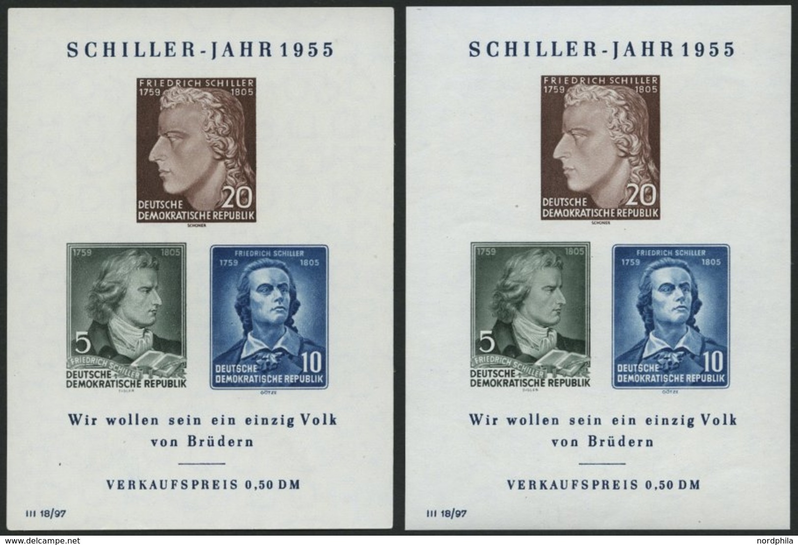 DDR Bl. 12I/II **, 1955, Block Schiller, Beide Wasserzeichen, 2 Prachtblocks, Mi. 54.- - Gebraucht