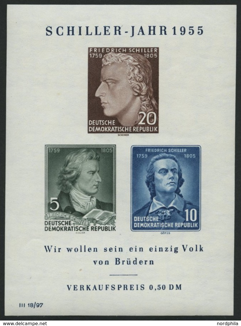 DDR Bl. 12IV **, 1955, Block Schiller Mit Abart Vorgezogener Fußstrich Bei J, Pracht, Mi. 80.- - Usati