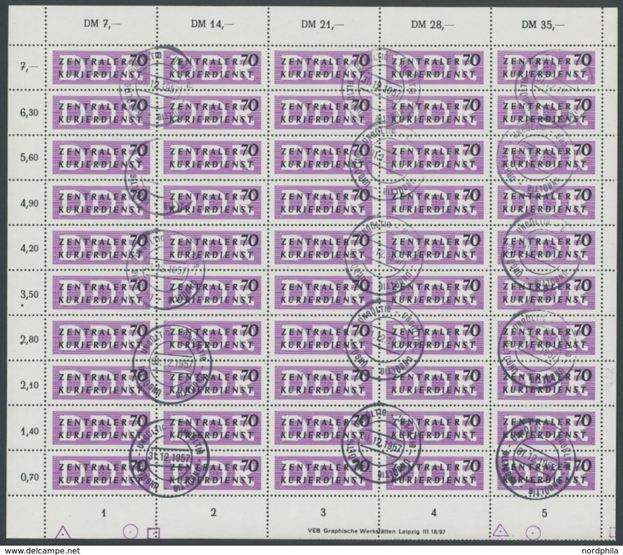 DIENSTMARKEN B D 9 O, 1956, 70 Pf. Mitttelviolettpurpur/schwarz Im Bogen (50) Mit Ungültig-Stempeln, Feld 39 Mit Abart,  - Otros & Sin Clasificación