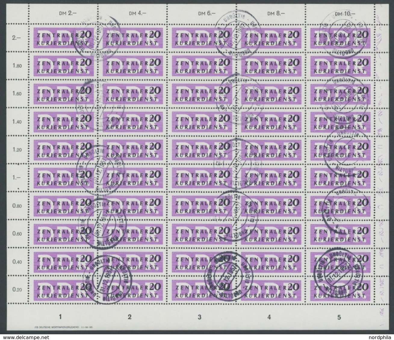 DIENSTMARKEN B D II O, Nicht Ausgegeben: 1957, 20 Pf. Mittelviolettpurpur Im Bogen (50) Mit Ungültig-Stempeln, Mit Druck - Otros & Sin Clasificación