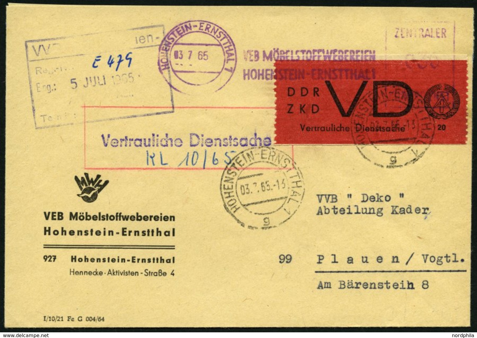 DIENSTMARKEN D VD 1A BRIEF, 1965, 20 Pf. Bräunlichrot/schwarz, Gezähnt 91/2, Auf Brief Aus HOHENSTEIN-ERNSTTHAL, Pracht - Other & Unclassified