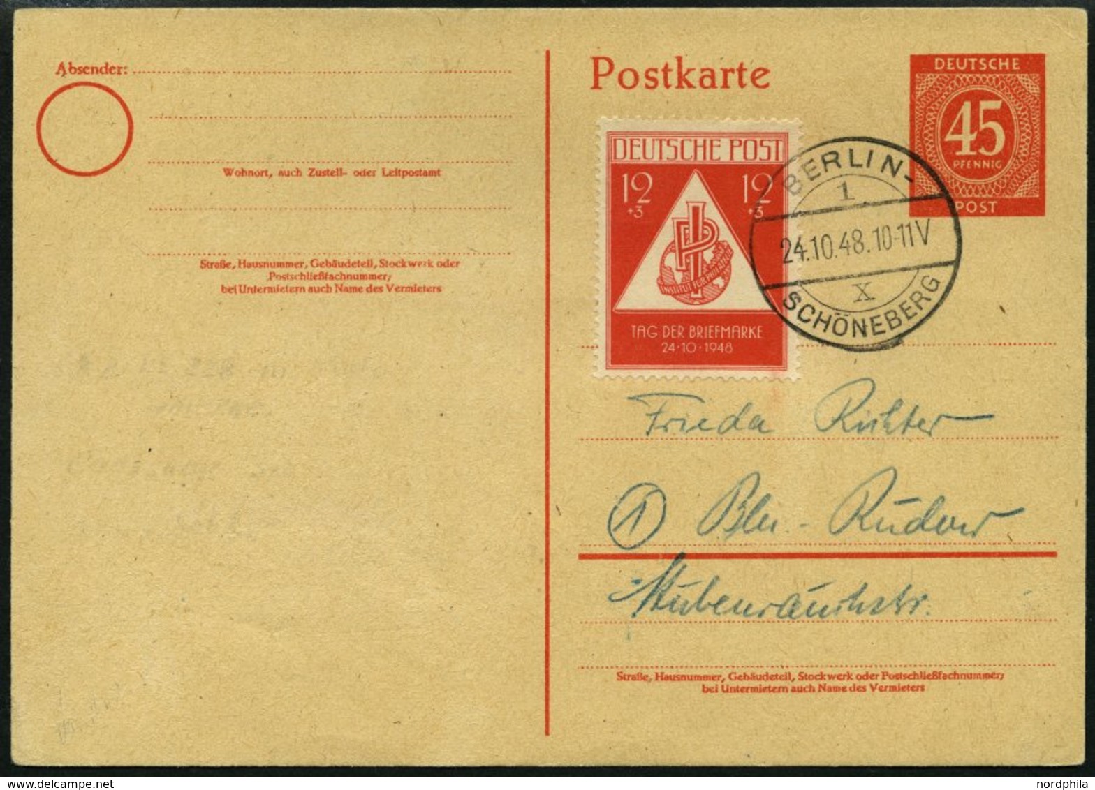 VORLÄUFER SBZ 228 BRIEF, 24.10.1948, 12 Pf. Tag Der Briefmarke Mit Stempel BERLIN SCHÖNEBERG Auf 45 Pf. Aufbrauchskarte, - Lettres & Documents