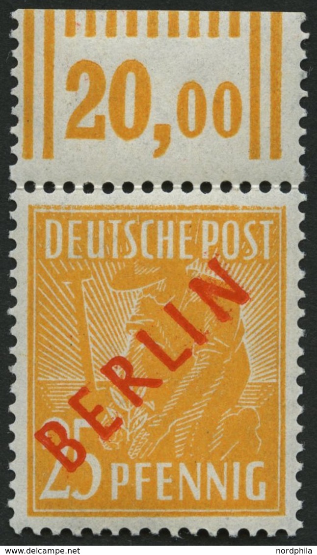 BERLIN 27WOR **, 1949, 25 Pf. Rotaufdruck, Walzendruck, Oberrandstück, Pracht, Gepr. D. Schlegel, Mi. 500.- - Other & Unclassified