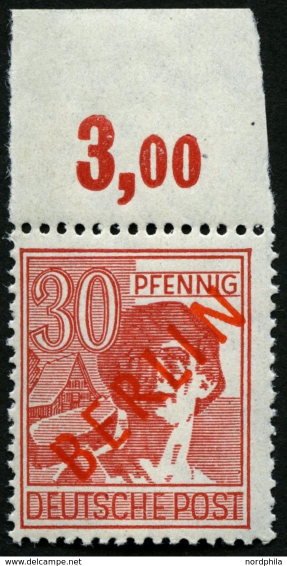 BERLIN 28POR **, 1949, 30 Pf. Rotaufdruck, Plattendruck, Oberrandstück, Nicht Duchgezähnt, Pracht, Gepr. Schlegel, Mi. 3 - Autres & Non Classés