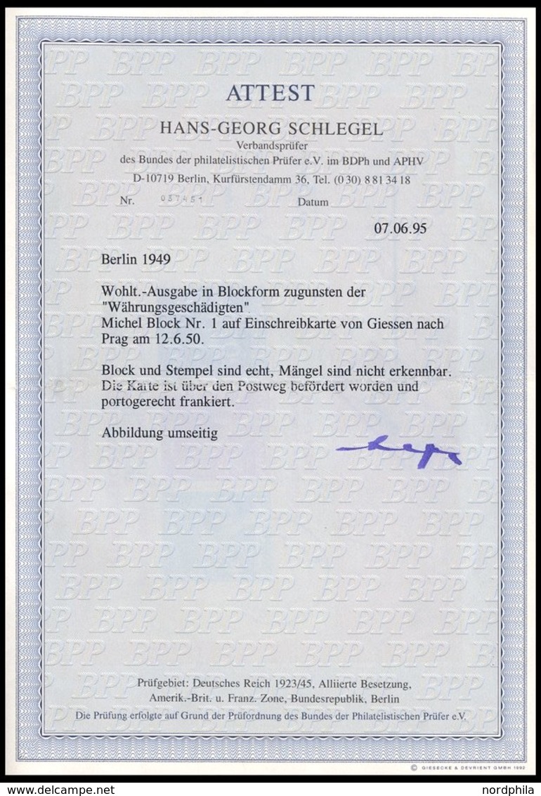 BERLIN Bl. 1 BRIEF, 1949, Block Währungsgeschädigte Auf Portogerechtem Einschreibbrief Von GIESSEN In Die Tschechoslowak - Altri & Non Classificati