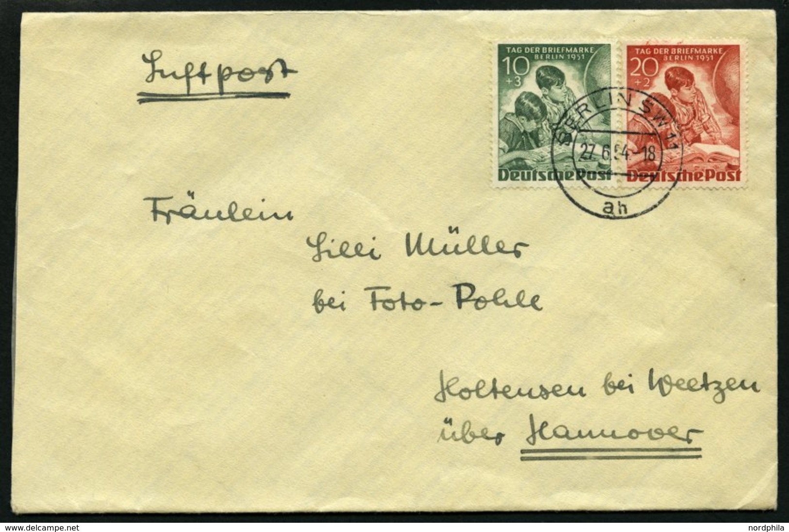 BERLIN 80/1 BRIEF, 1951, Tag Der Briefmarke Auf Brief Nach Hannover, Pracht - Autres & Non Classés