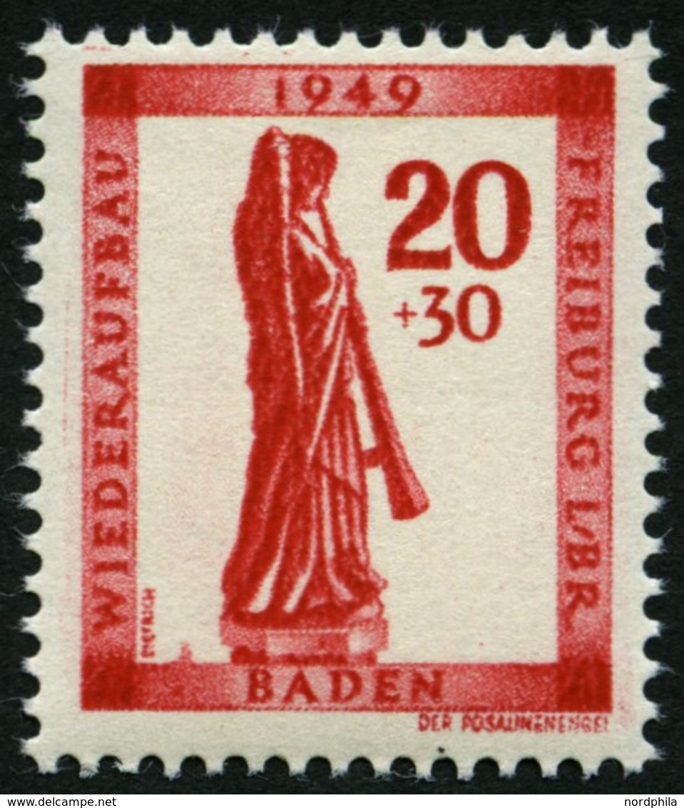 BADEN 40AI **, 1949, 30 Pf. Wiederaufbau Mit Abart Sirene Neben Sockel Des Engels, Pracht, Mi. 120.- - Sonstige & Ohne Zuordnung