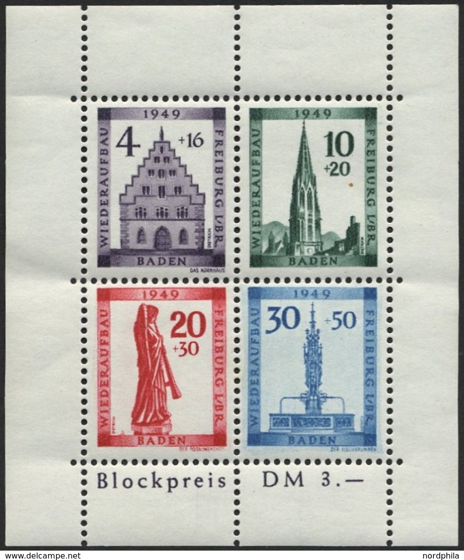 BADEN Bl. 1AI **, 1949, Block Freiburg, Gezähnt, Mit Abart Sirene Neben Sockel Des Engels, Feinst, Mi. 300.- - Sonstige & Ohne Zuordnung