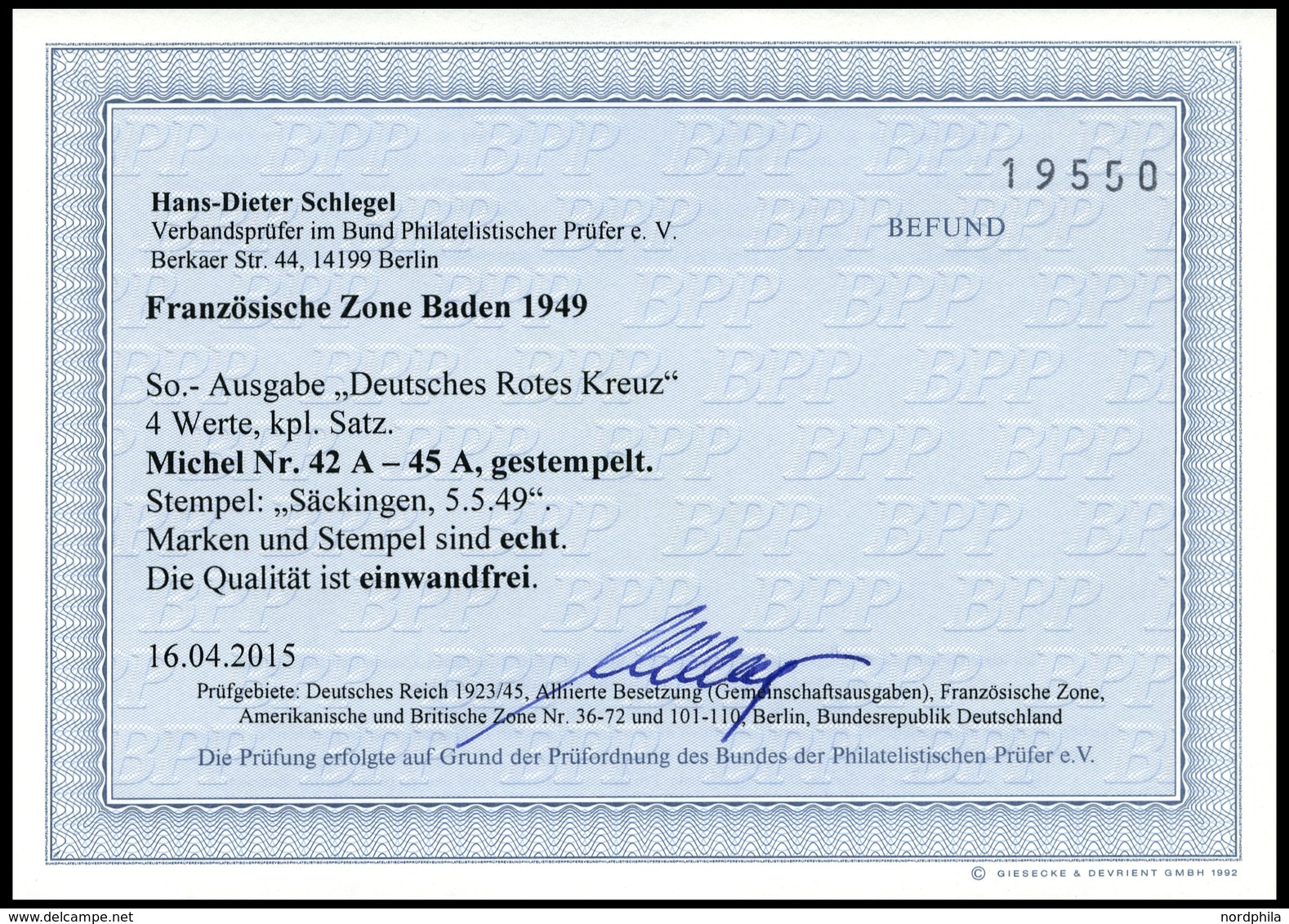 BADEN 42-45 O, 1949, Rotes Kreuz, Prachtsatz, Fotobefund H.D. Schlegel, Mi. 400.- - Autres & Non Classés