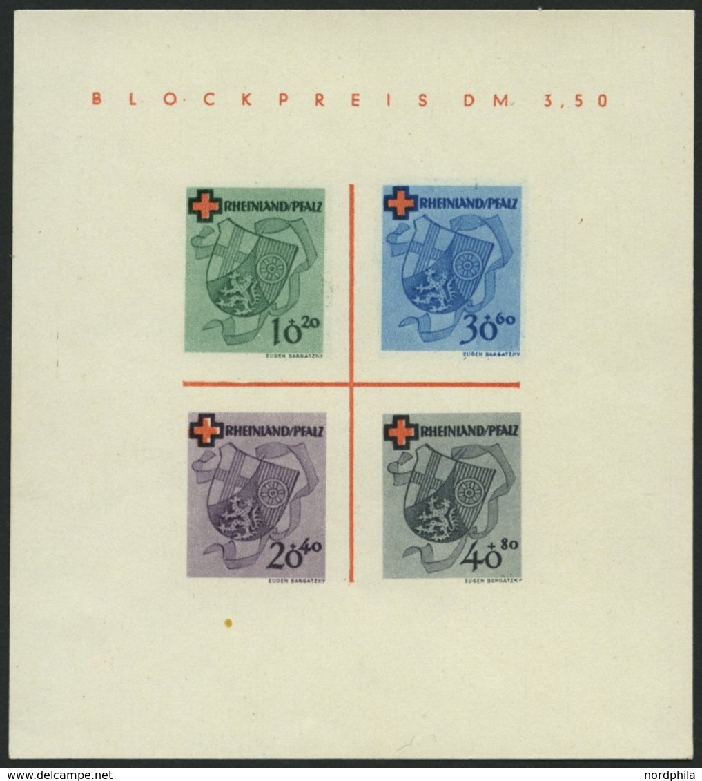 RHEINLAND PFALZ Bl. 1I/V (*), 1949, Block Rotes Kreuz, Type V: Roter Querbalken Des B In Blockpreis Verdickt, Pracht, Mi - Sonstige & Ohne Zuordnung