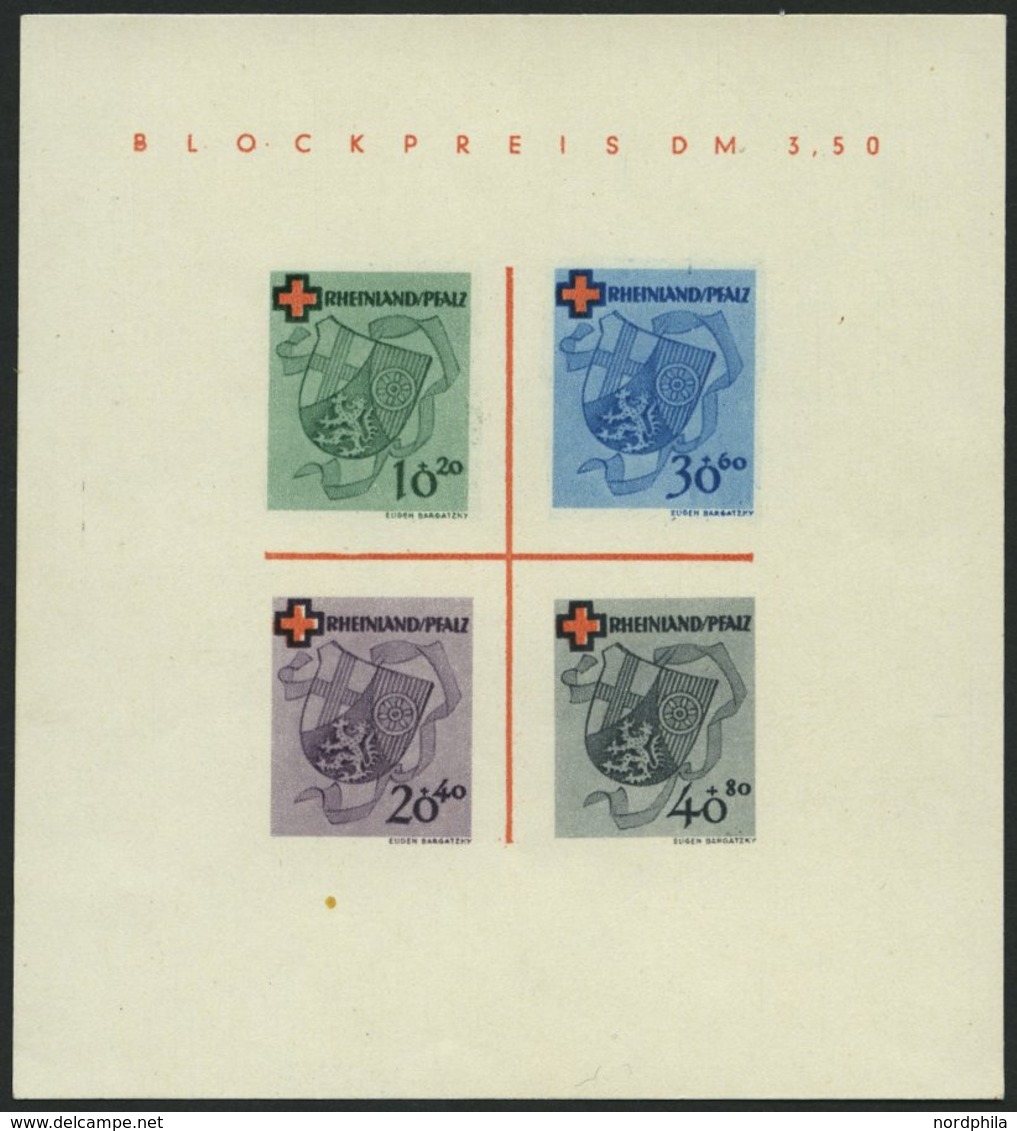 RHEINLAND PFALZ Bl. 1I/V (*), 1949, Block Rotes Kreuz, Type V: Roter Querbalken Des B In Blockpreis Verdickt, Pracht, Mi - Altri & Non Classificati