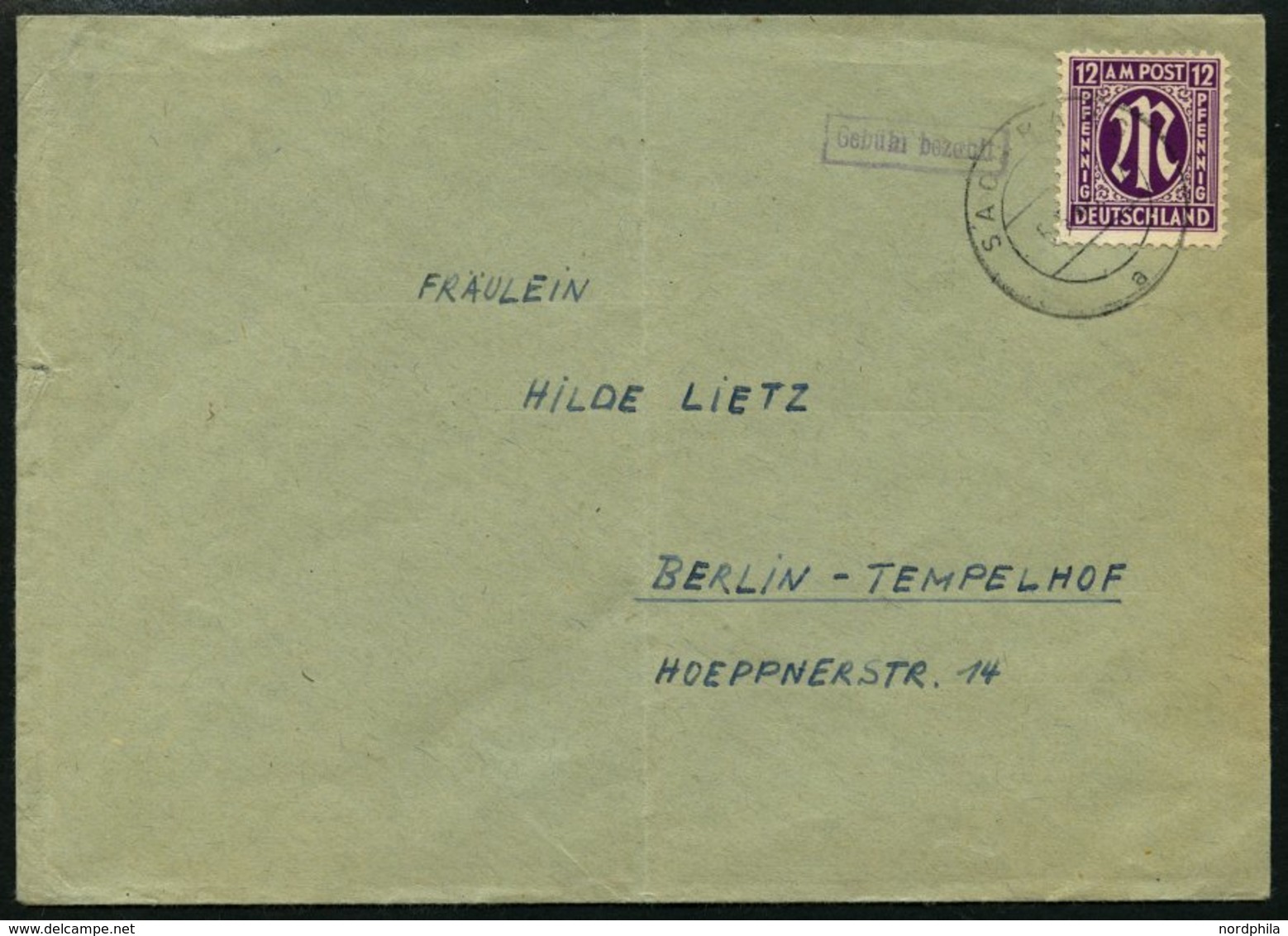 AMERIK. U. BRITISCHE ZONE 7 BRIEF, 15.3.1946, 12 Pf. Dunkelpurpur Auf Brief Aus SACHRANG, Mit Violettem Gebühr Bezahlt-S - Sonstige & Ohne Zuordnung