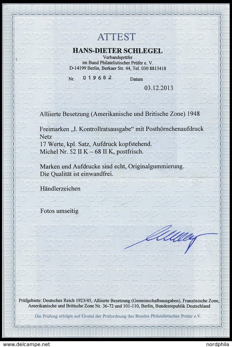 AMERIK. U. BRITISCHE ZONE 52-68IIK **, 1948, Netzaufdruck, Mit Kopfstehenden Aufdrucken, Prachtsatz (17 Werte), Fotoatte - Sonstige & Ohne Zuordnung