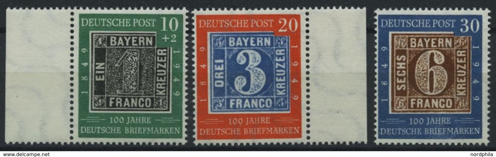 BUNDESREPUBLIK 113-15 **, 1949, 100 Jahre Briefmarken, Prachtsatz, Mi. 100.- - Oblitérés