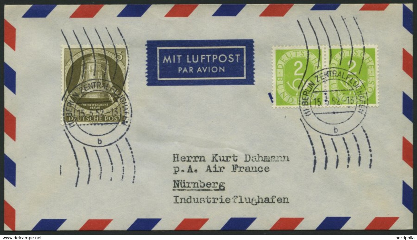 BUNDESREPUBLIK 123 Paar BRIEF, 1952, 2 Pf. Posthorn Im Waagerechten Paar Mit 5 Pf. Berlin Nr. 82 Auf Luftpostbrief Von B - Oblitérés