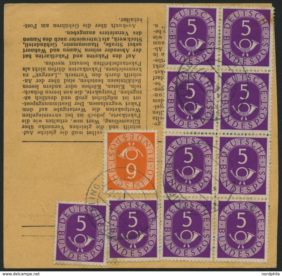 BUNDESREPUBLIK 125 BRIEF, 1954, 5 Pf. Posthorn Im Achterblock Rückseitig Mit 20 Pf. Zusatzfrankatur Auf Paketkarte Aus S - Usati