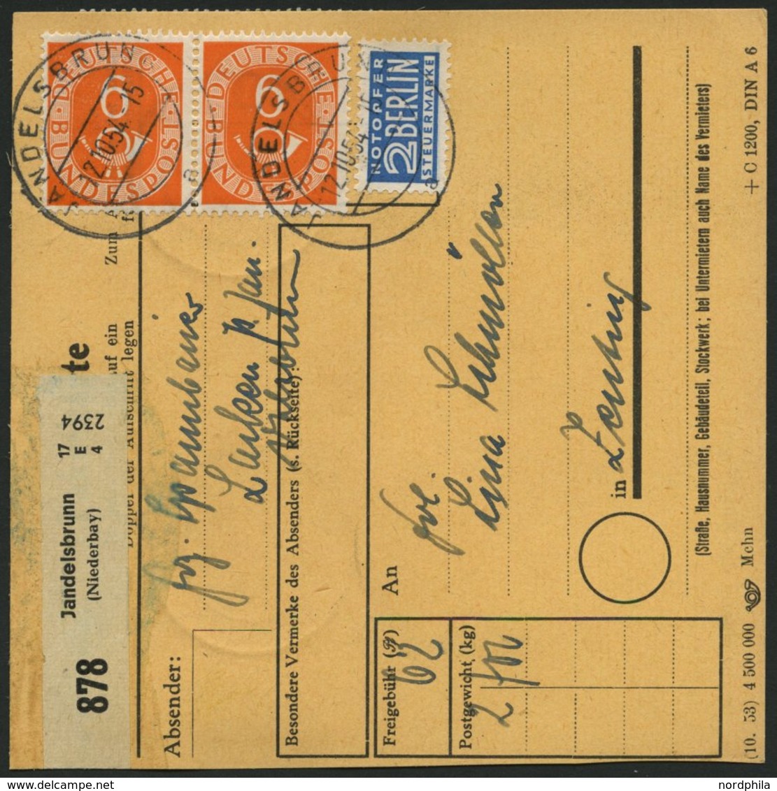 BUNDESREPUBLIK 126 BRIEF, 1954, 6 Pf. Posthorn Im Achterblock (rückseitig) Und Waagerechten Paar (vorderseitig) Als Selt - Usati