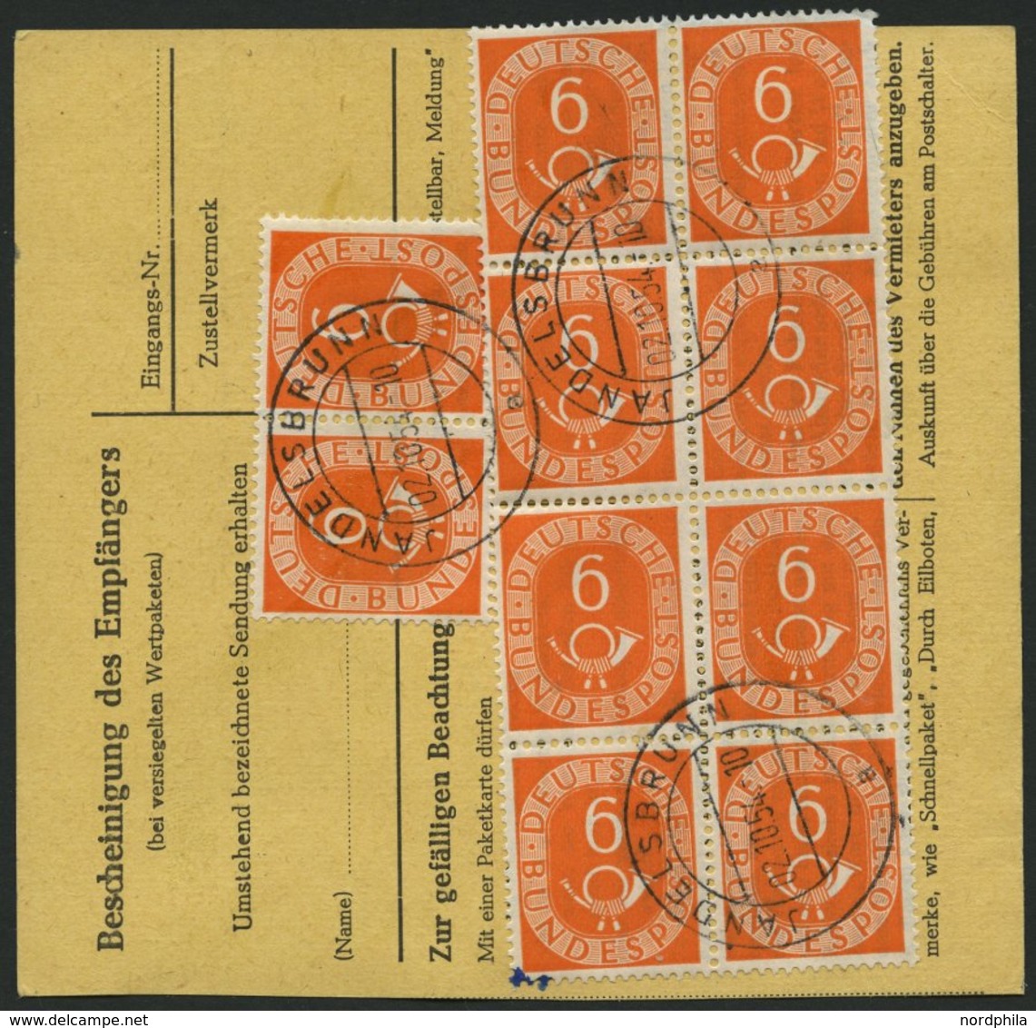 BUNDESREPUBLIK 126 BRIEF, 1954, 6 Pf. Posthorn Im Achterblock (untere Linke Marke Kleiner Tintenfleck) Und Waagerechten  - Oblitérés