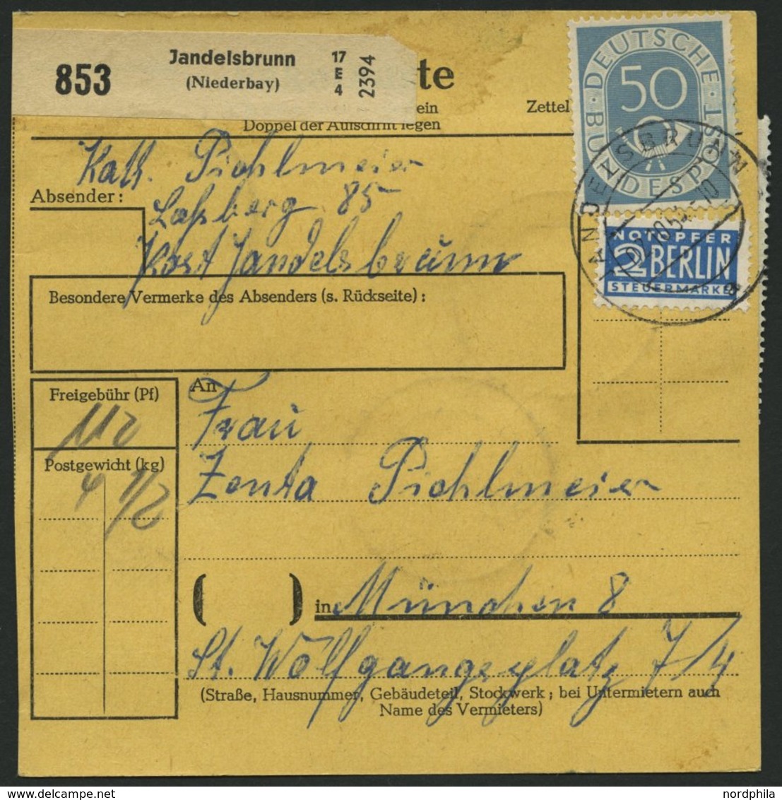 BUNDESREPUBLIK 126 BRIEF, 1954, 6 Pf. Posthorn Im Achterblock (untere Linke Marke Kleiner Tintenfleck) Und Waagerechten  - Usados