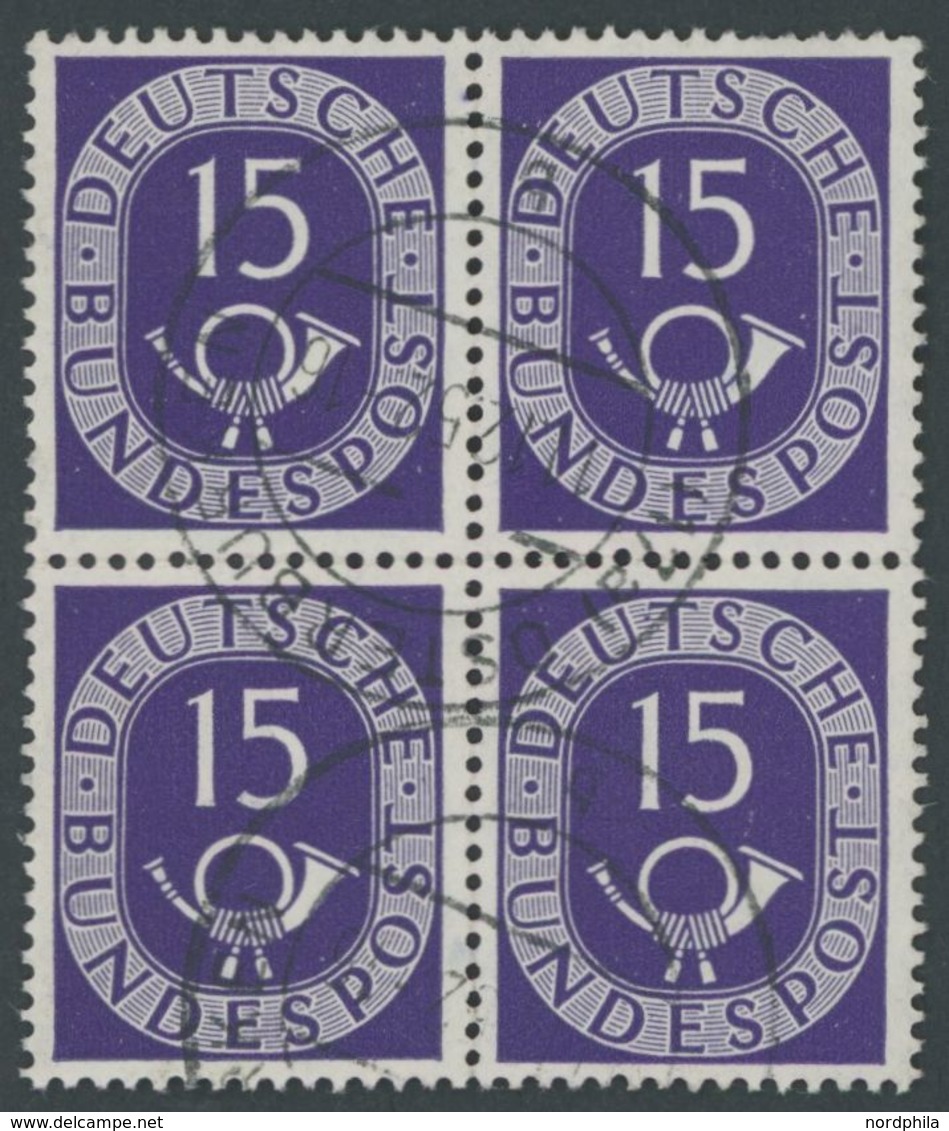 BUNDESREPUBLIK 129 VB O, 1951, 15 Pf. Posthorn Im Viererblock, Obere Rechte Marke Ein Paar Kurze Zähne Sonst Pracht - Usados