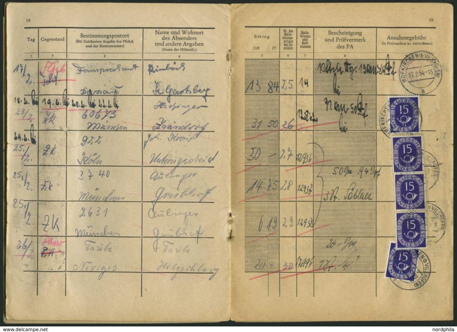 BUNDESREPUBLIK 129 BRIEF, 1953/4, Annahmebuch (Land), Zustellbezirk Nr. 2 In Hofkirchen, 32 Seiten Komplett, Die Gebühr  - Oblitérés