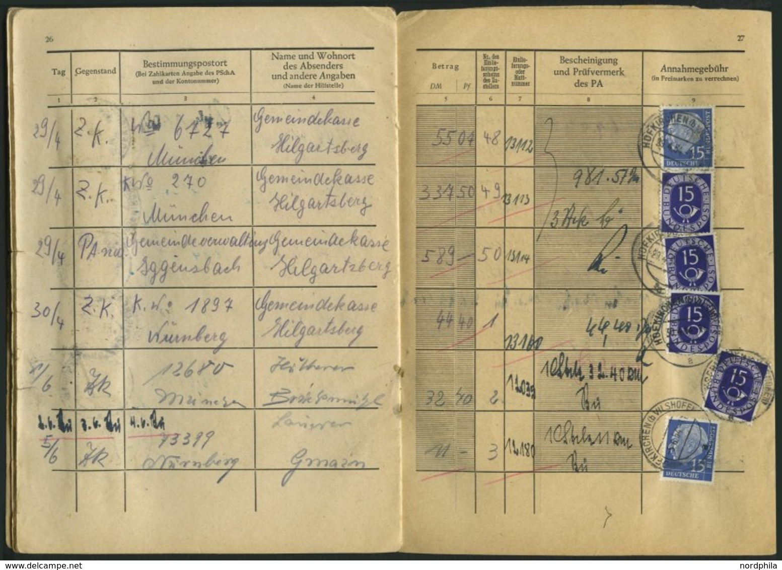 BUNDESREPUBLIK 129 BRIEF, 1953/4, Annahmebuch (Land), Zustellbezirk Nr. 2 In Hofkirchen, 32 Seiten Komplett, Die Gebühr  - Gebraucht