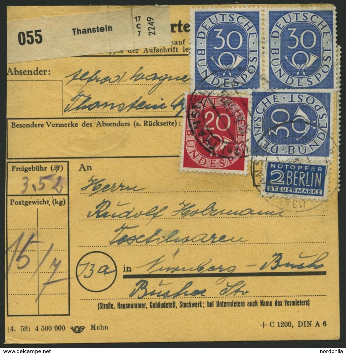 BUNDESREPUBLIK 132 BRIEF, 1954, 30 Pf. Posthorn Im Sechserblock Rückseitig (untere Reihe Etwas Angetrennt Da über Den Ra - Gebraucht