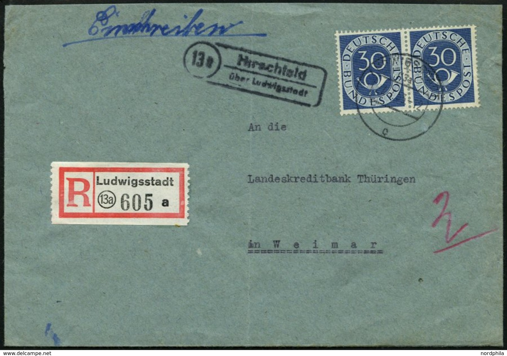 BUNDESREPUBLIK 132 Paar BRIEF, 1954, 30 Pf. Posthorn Im Waagerechten Paar Als Mehrfachfrankatur Auf Einschreibbrief, Pra - Usati