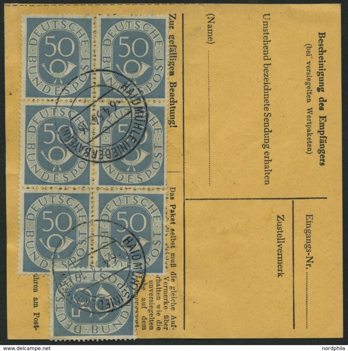 BUNDESREPUBLIK 134 BRIEF, 1954, 50 Pf. Posthorn Im Sechserblock Rückseitig Mit 70 Pf. Zusatzfrankatur Auf Paketkarte Aus - Usati