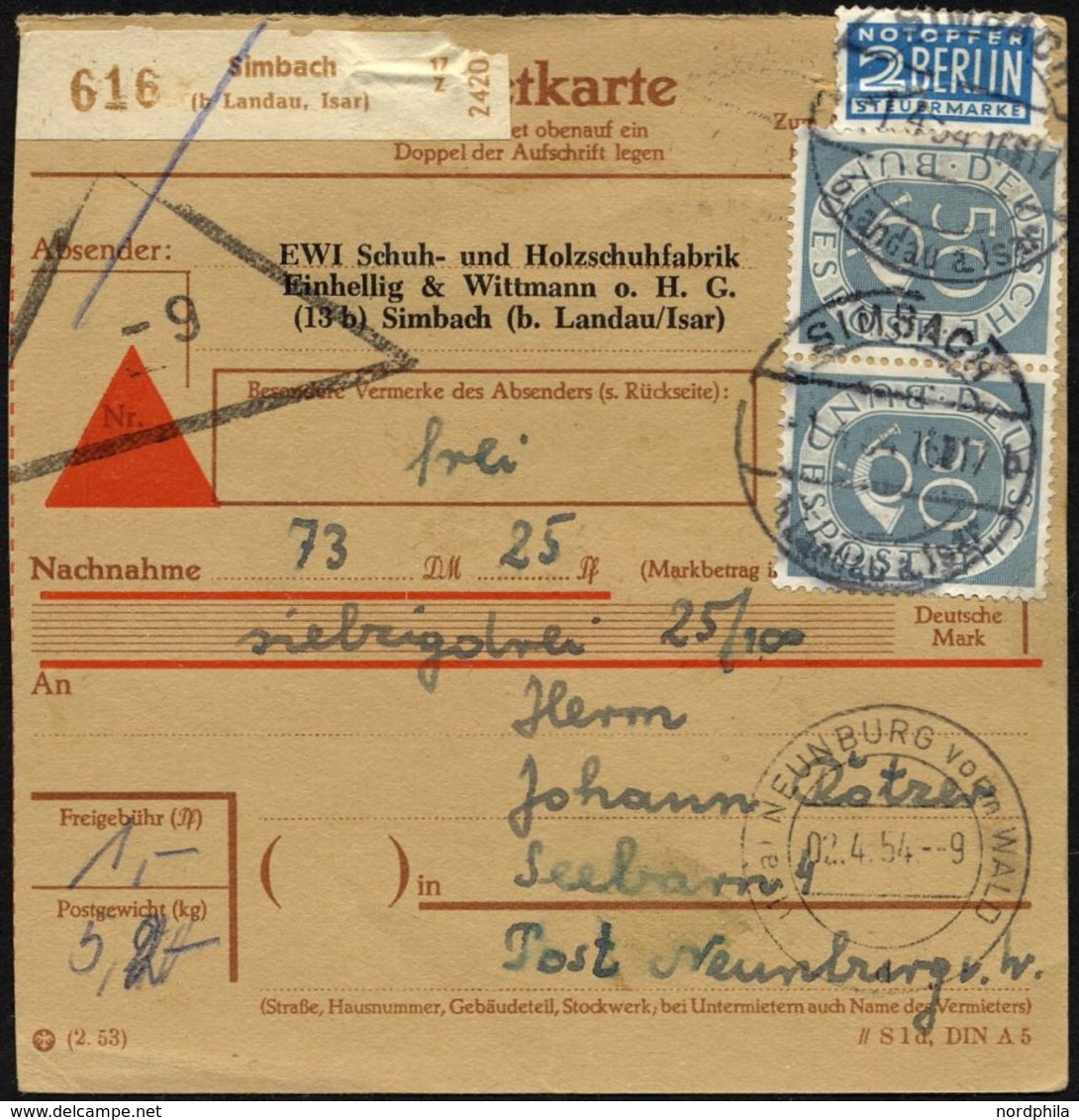 BUNDESREPUBLIK 134 Paar BRIEF, 1954, 50 Pf. Posthorn Im Waagerechten Paar Als Mehrfachfrankatur Auf Nachnahme-Paketkarte - Usados