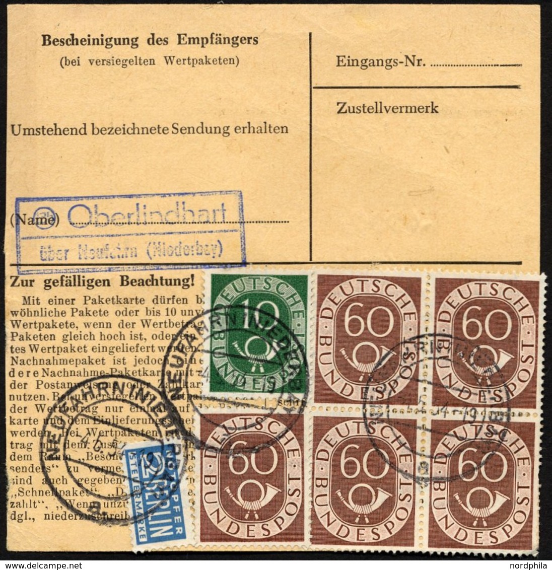 BUNDESREPUBLIK 135 VB BRIEF, 1954, 60 Pf. Posthorn Im Viererblock Mit Zusatzfrankatur Rückseitig Auf Paketkarte Aus NEUF - Usados