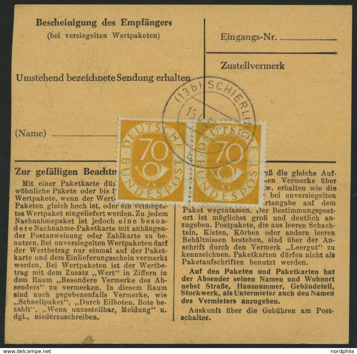 BUNDESREPUBLIK 136 Paar BRIEF, 1954, 70 Pf. Posthorn Im Waagerechten Paar Rückseitig Mit 60 Pf. Zusatzfrankatur Auf Pake - Gebraucht