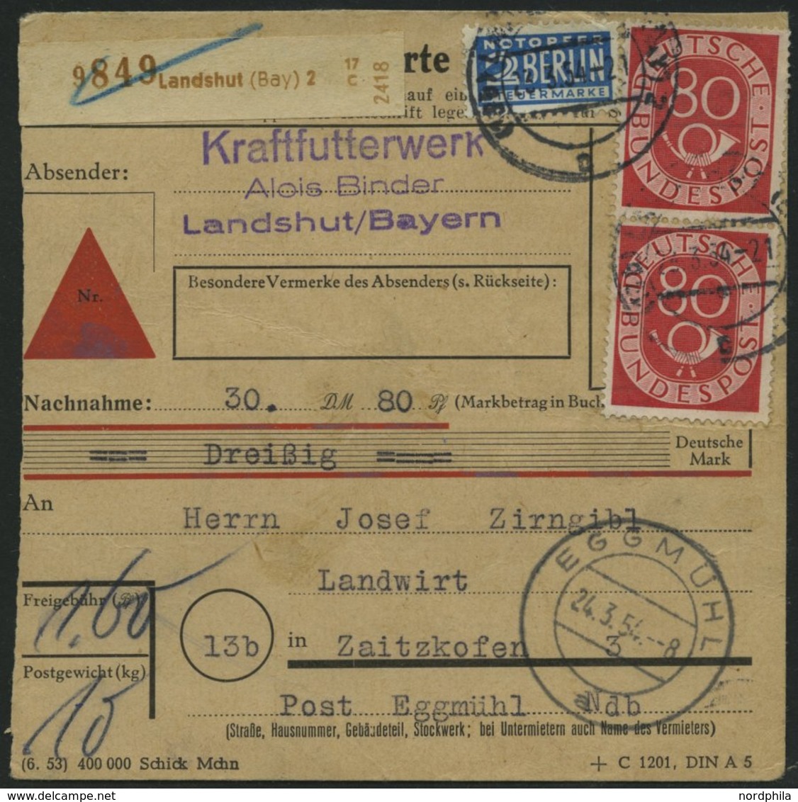 BUNDESREPUBLIK 137 Paar BRIEF, 1954, 80 Pf. Posthorn Im Senkrechten Paar Als Mehrfachfrankatur Auf Nachnahme-Paketkarte  - Usati