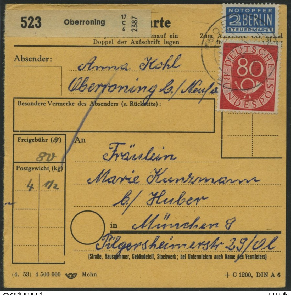 BUNDESREPUBLIK 137 BRIEF, 1954, 80 Pf. Posthorn, Einzelfrankatur Auf Paketkarte Aus - Gebraucht