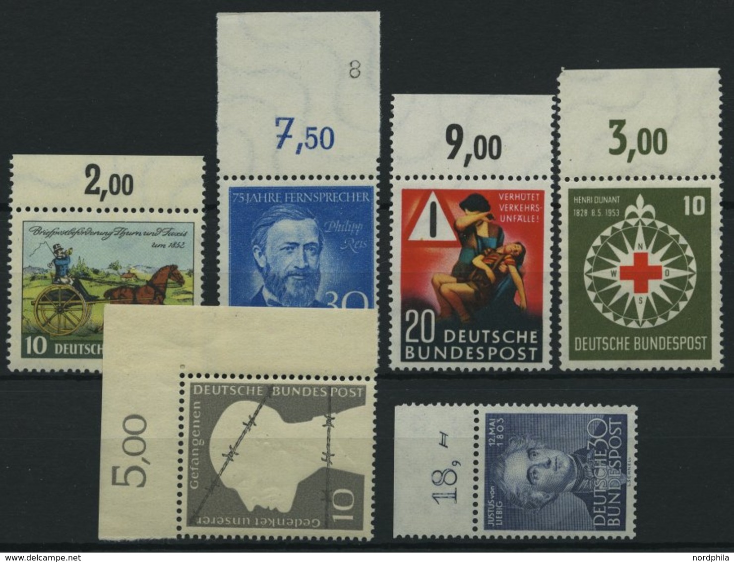 BUNDESREPUBLIK 160-62,164-66 **, 1952/3, 6 Werte Vom Oberrand, Pracht, Mi. 150.- - Usados