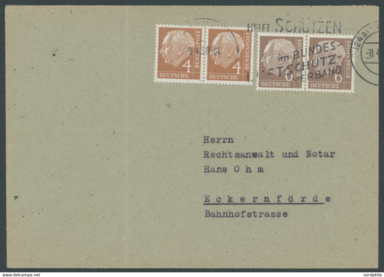 BUNDESREPUBLIK 178,180 Paar BRIEF, 1958, 4 Und 6 Pf. Heuss, Je In Waagerechten Paaren Auf Brief (senkrecht Gefaltet), Pr - Usados