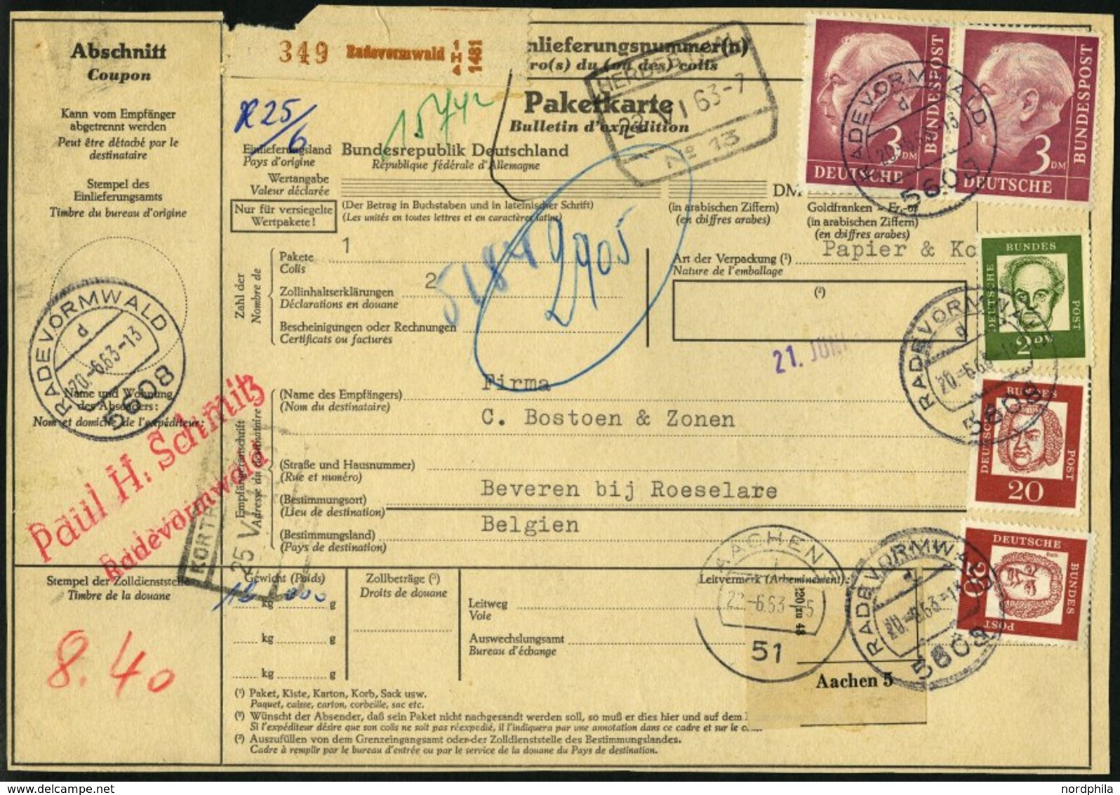 BUNDESREPUBLIK 196 Paar BRIEF, 1963, 3 DM Heuss Im Waagerechten Paar Mit Zusatzfrankatur Auf Paketkarte Nach Belgien, Pr - Usati