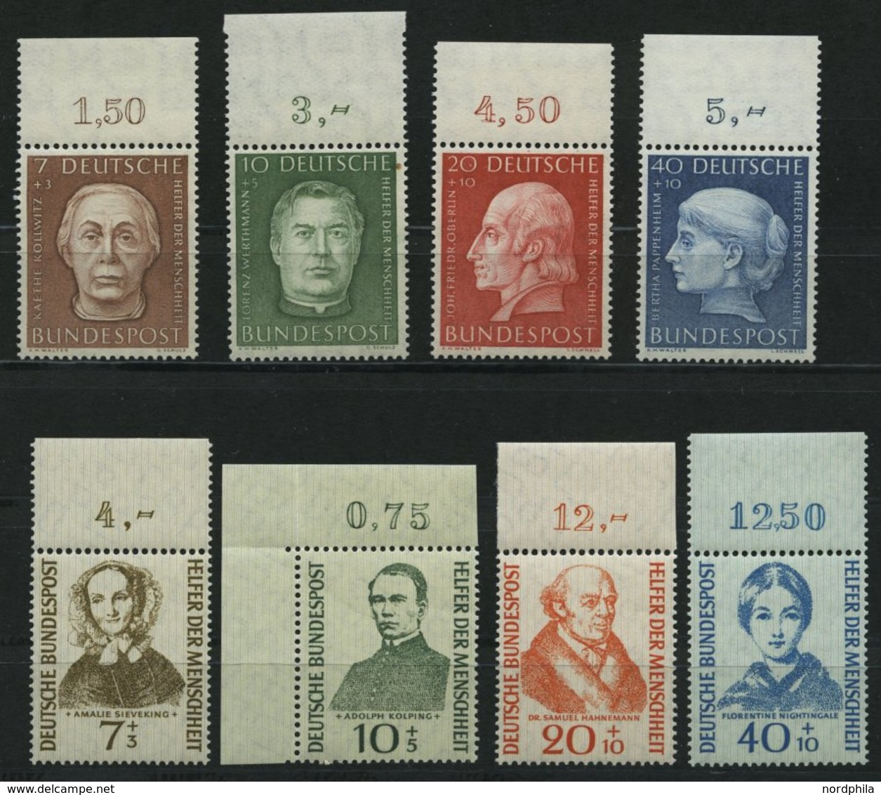 BUNDESREPUBLIK 200-03,222-25 **, 1954/5, Helfer Der Menschheit, 2 Prachtsätze Vom Oberrand, Mi. (95.-) - Usati