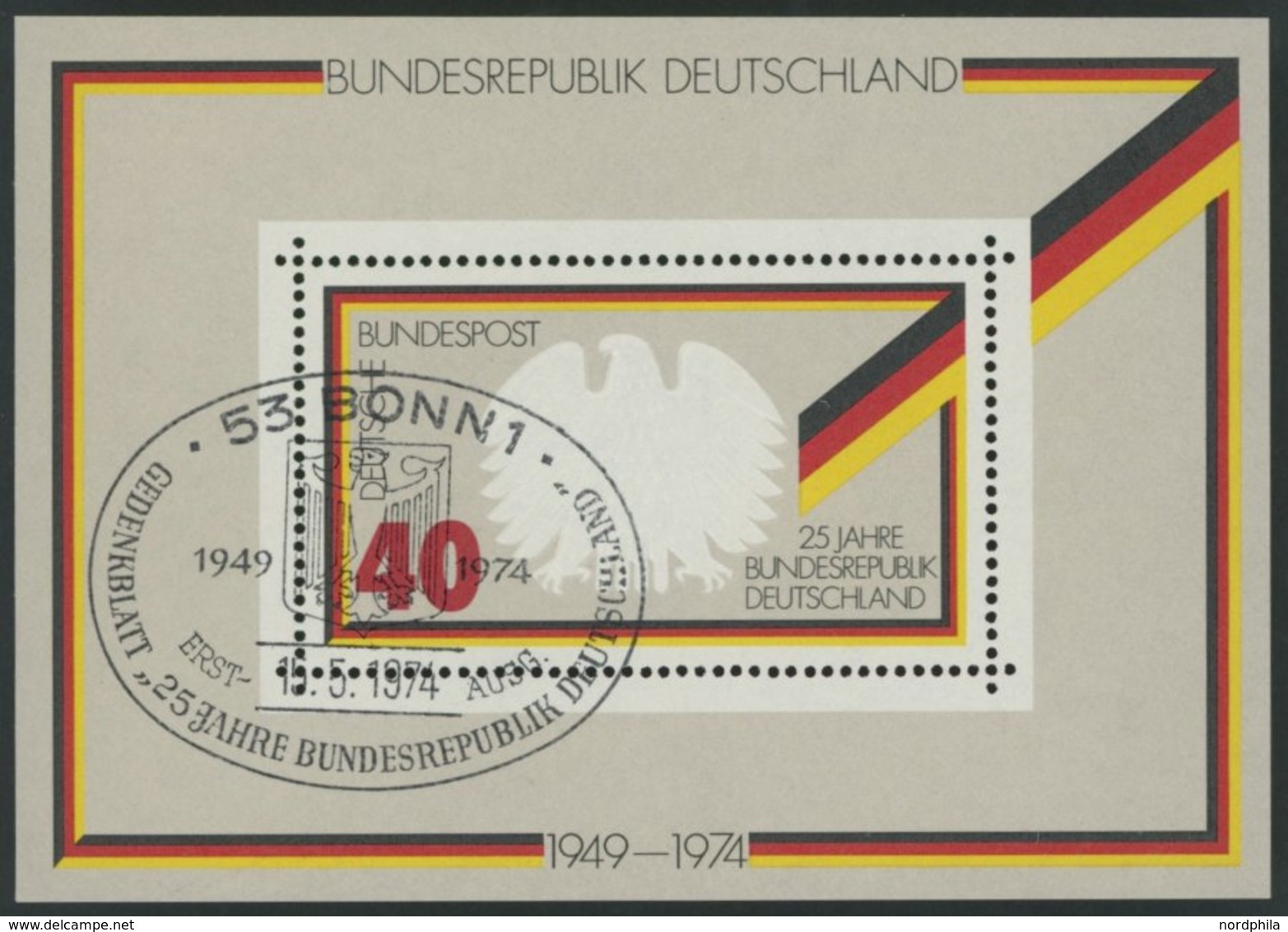 BUNDESREPUBLIK Bl. 10 O, 1974, Block 25 Jahre Bundesrepublik Mit Prägedruck-Verschiebung, Ersttags-Sonderstempel, Damali - Usados